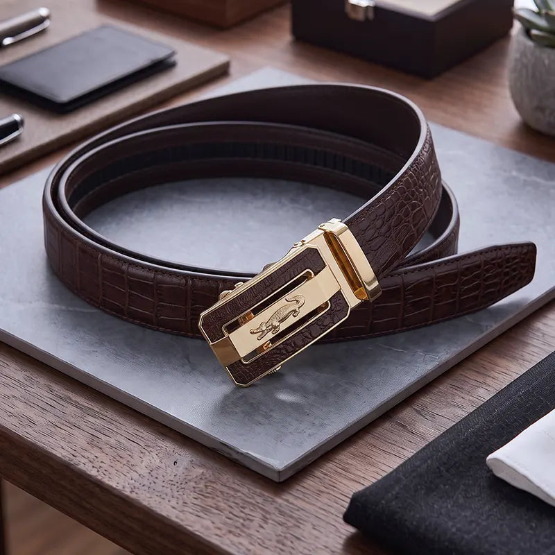 Gold Croc Logo Auto Buckle Brown Croc Grain Leather Belt