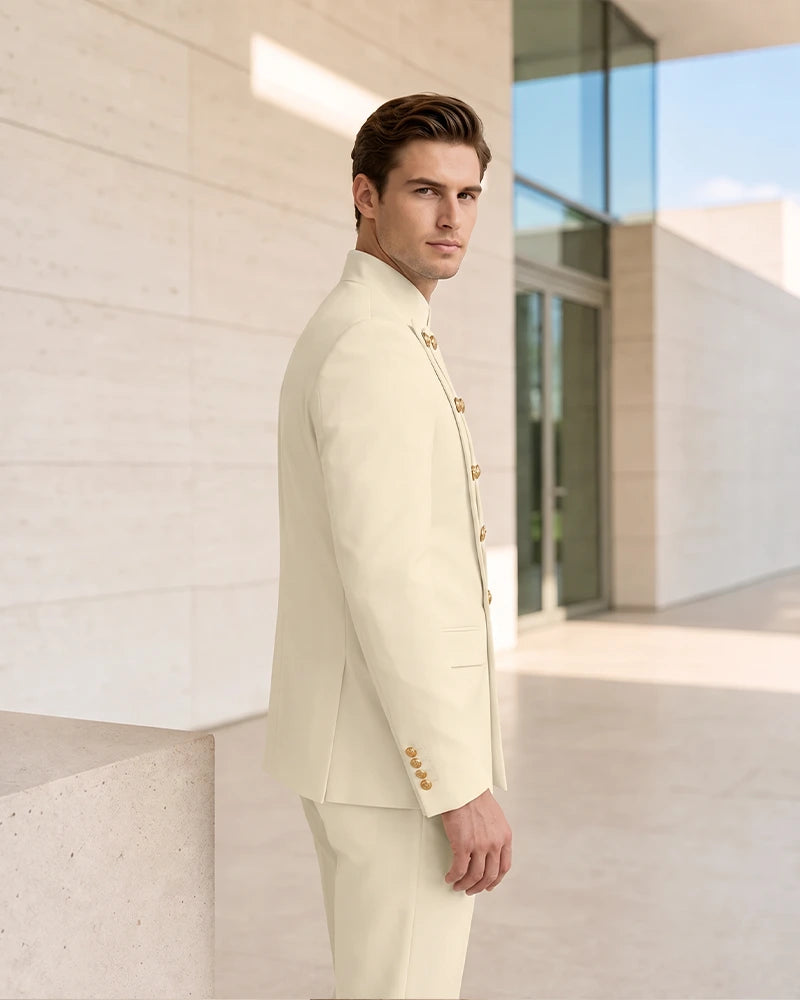 Mandarin Collar Curved Double Breasted 2 Piece Suit