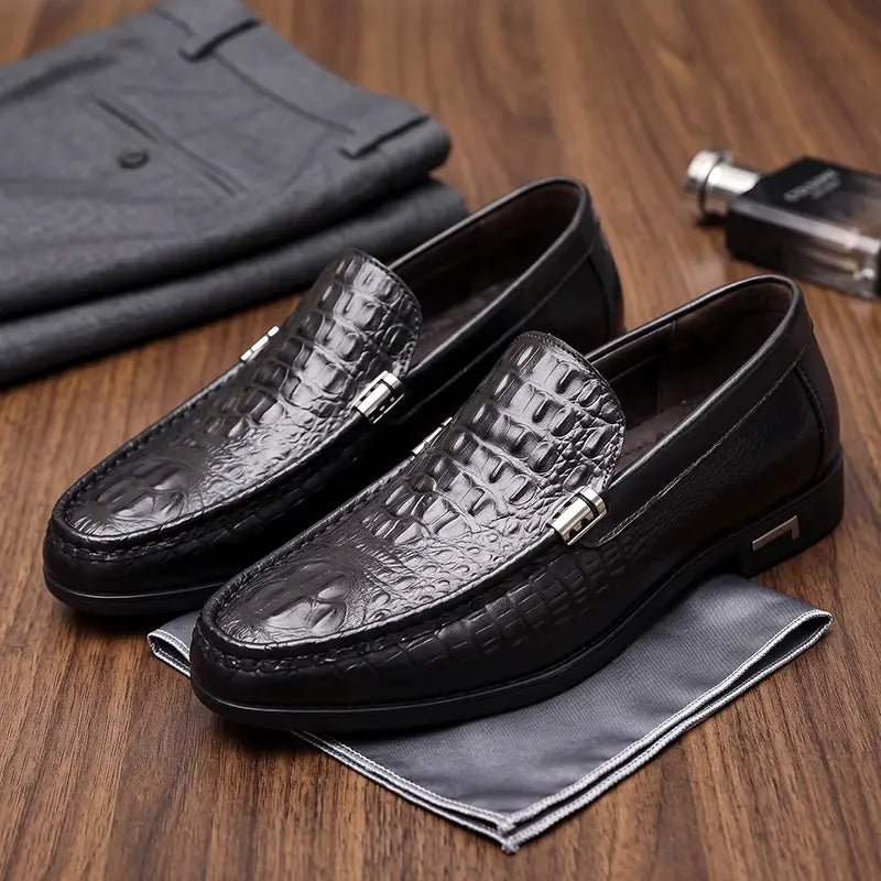 Croc Embossed Leather Metal Bit Driving Loafers