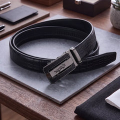 Gold Croc Logo Auto Buckle Brown Croc Grain Leather Belt