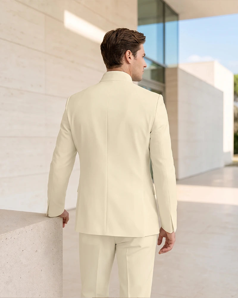 Mandarin Collar Curved Double Breasted 2 Piece Suit