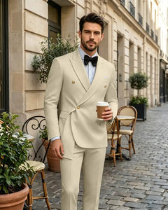 2 Piece Slim Fit Asymmetric Wrap Peak Lapel Suit -Beige -1
