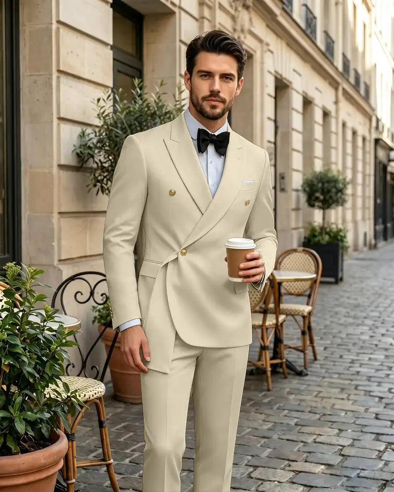 2 Piece Slim Fit Asymmetric Wrap Peak Lapel Suit -Beige -1
