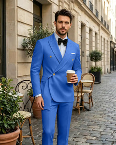 2 Piece Slim Fit Asymmetric Wrap Peak Lapel Suit -Blue -1
