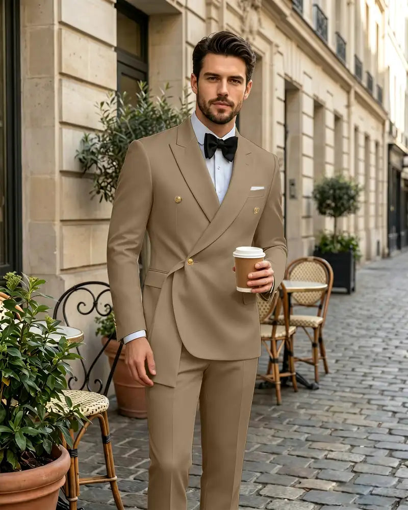 2 Piece Slim Fit Asymmetric Wrap Peak Lapel Suit-Brown-1
