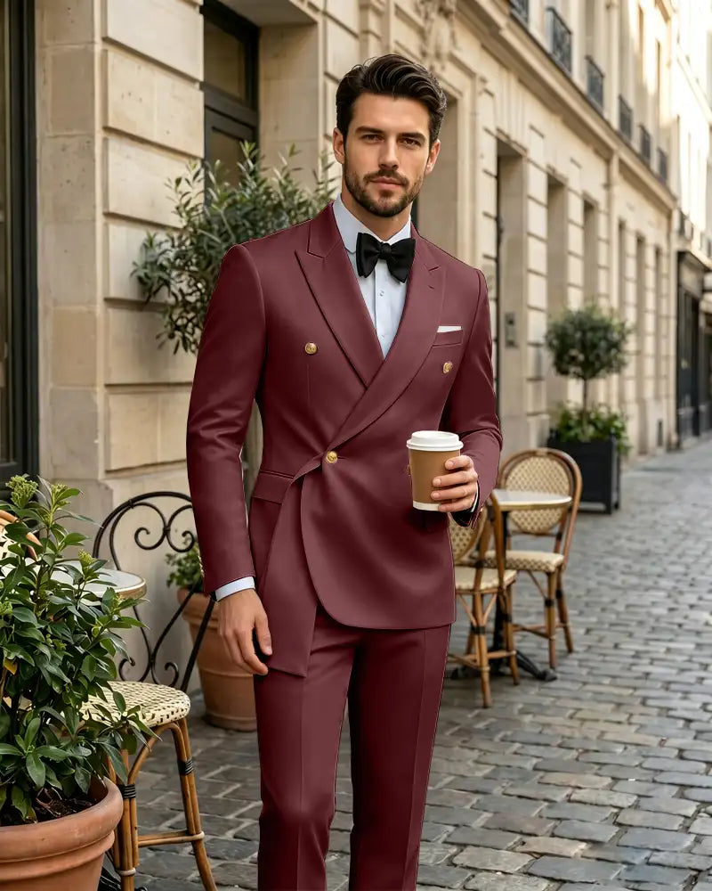 2 Piece Slim Fit Asymmetric Wrap Peak Lapel Suit -Burgundy -1
