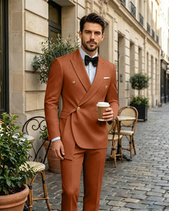 2 Piece Slim Fit Asymmetric Wrap Peak Lapel Suit -Burnt Orange -1

