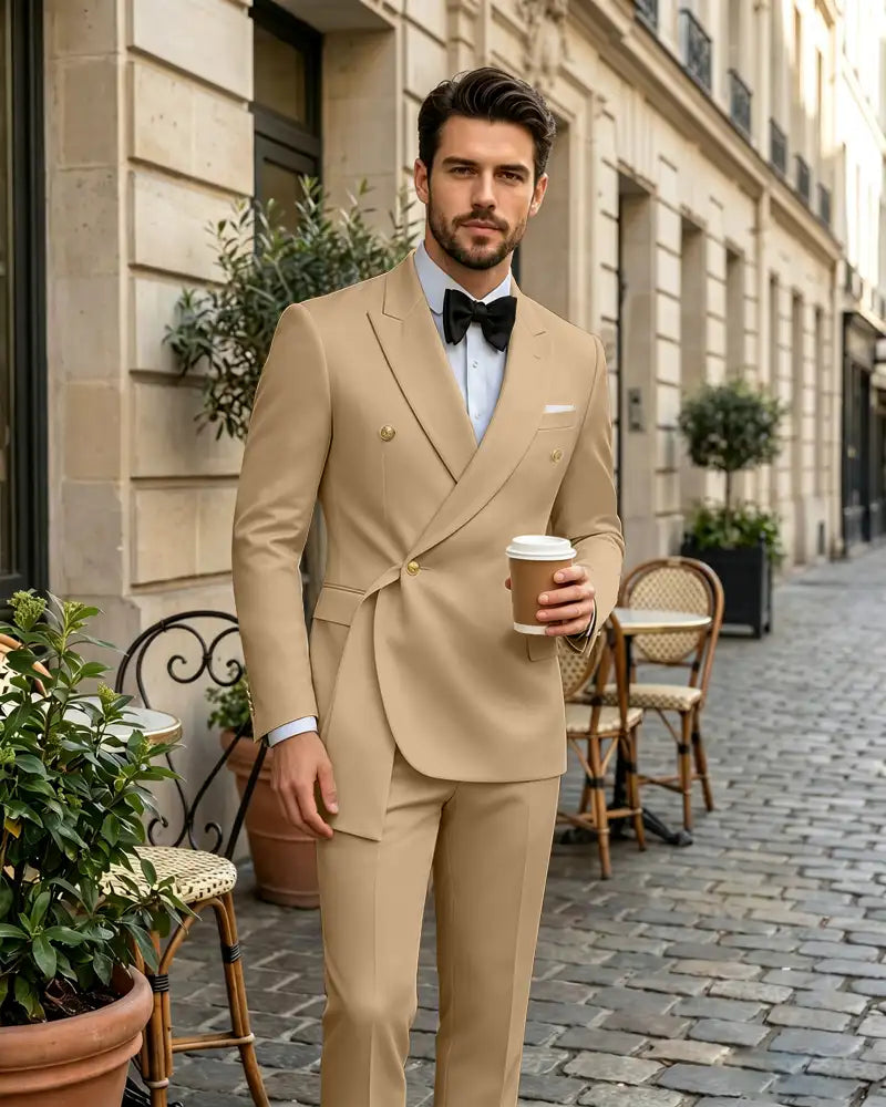 2 Piece Slim Fit Asymmetric Wrap Peak Lapel Suit -Champagne -1
