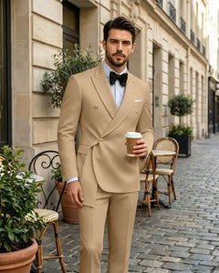 2 Piece Slim Fit Asymmetric Wrap Peak Lapel Suit -Champagne -1
