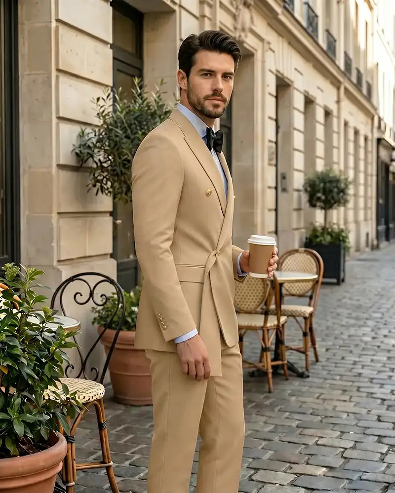 2 Piece Slim Fit Asymmetric Wrap Peak Lapel Suit-Champagne-2