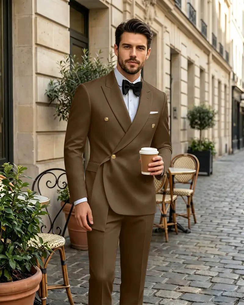 2 Piece Slim Fit Asymmetric Wrap Peak Lapel Suit -Dark Brown -1
