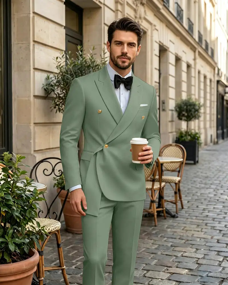 2 Piece Slim Fit Asymmetric Wrap Peak Lapel Suit -Dusty Sage -1
