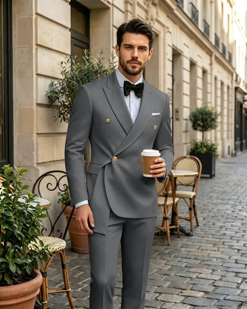 2 Piece Slim Fit Asymmetric Wrap Peak Lapel Suit -Grey -1
