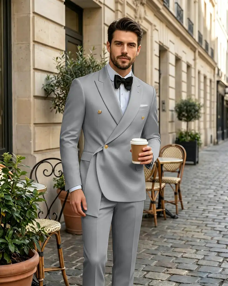 2 Piece Slim Fit Asymmetric Wrap Peak Lapel Suit -Light Grey -1
