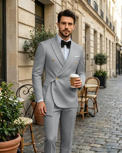 2 Piece Slim Fit Asymmetric Wrap Peak Lapel Suit -Light Grey -1

