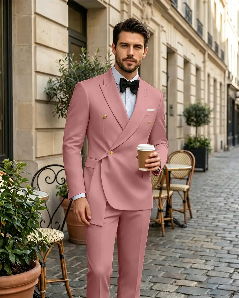 2 Piece Slim Fit Asymmetric Wrap Peak Lapel Suit -Pink -1

