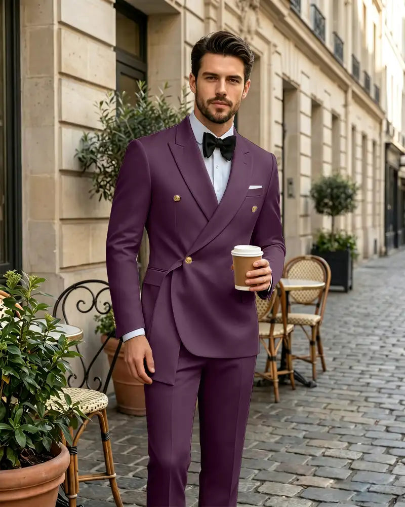 2 Piece Slim Fit Asymmetric Wrap Peak Lapel Suit -Purple -1
