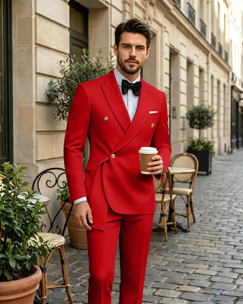 2 Piece Slim Fit Asymmetric Wrap Peak Lapel Suit -Red -1
