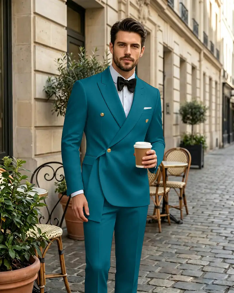 2 Piece Slim Fit Asymmetric Wrap Peak Lapel Suit -Teal -1

