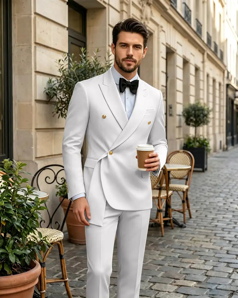 2 Piece Slim Fit Asymmetric Wrap Peak Lapel Suit -White -1
