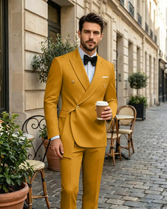 2 Piece Slim Fit Asymmetric Wrap Peak Lapel Suit -Yellow -1
