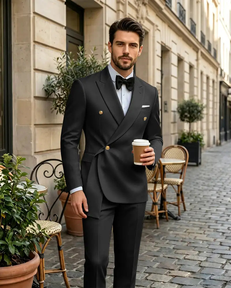 2 Piece Slim Fit Asymmetric Wrap Peak Lapel Suit -black -1
