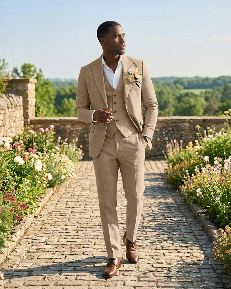 Slim Fit Notch Lapel Linen 3 Piece Versatile Suit Set