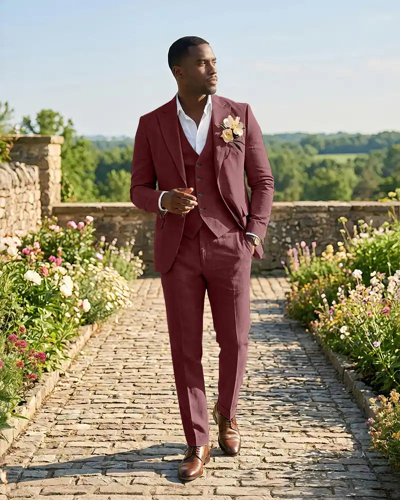 Slim Fit Notch Lapel Linen 3 Piece Versatile Suit Set