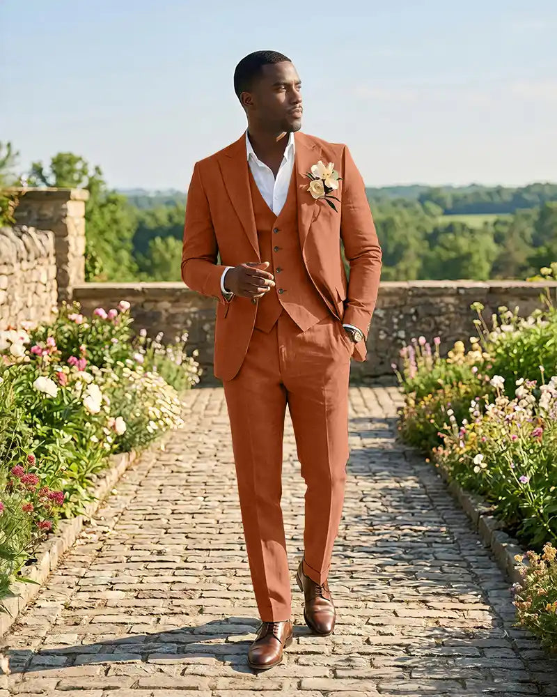 Slim Fit Notch Lapel Linen 3 Piece Versatile Suit Set-Burnt Orange-1