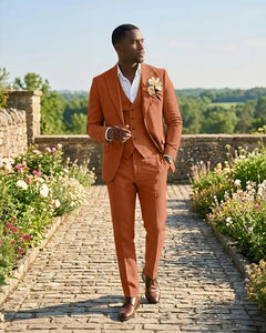 Slim Fit Notch Lapel Linen 3 Piece Versatile Suit Set-Burnt Orange-1