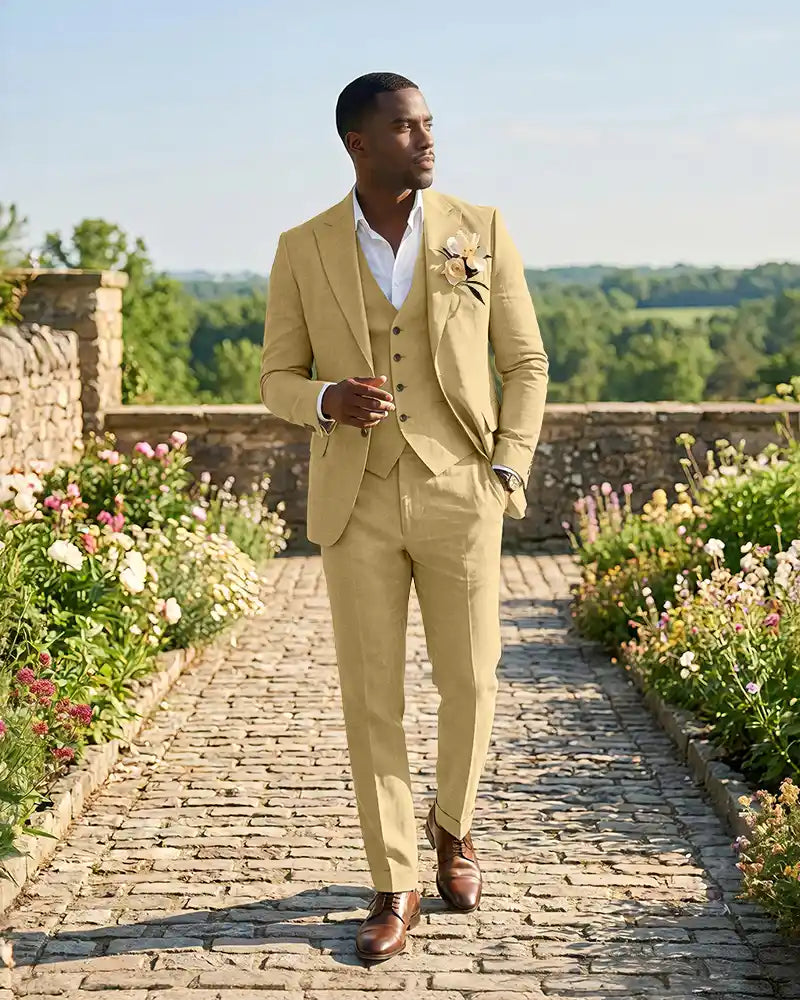 Slim Fit Notch Lapel Linen 3 Piece Versatile Suit Set-Champagne-1