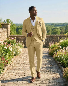 Slim Fit Notch Lapel Linen 3 Piece Versatile Suit Set-Champagne-1
