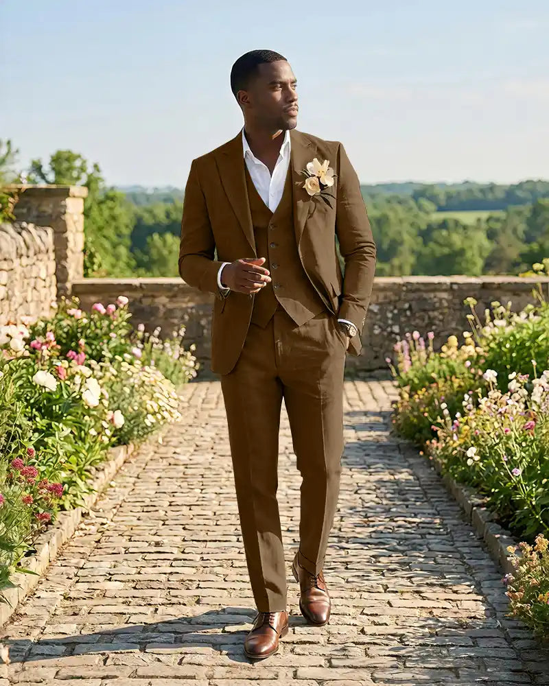 Slim Fit Notch Lapel Linen 3 Piece Versatile Suit Set-Dark Brown-1