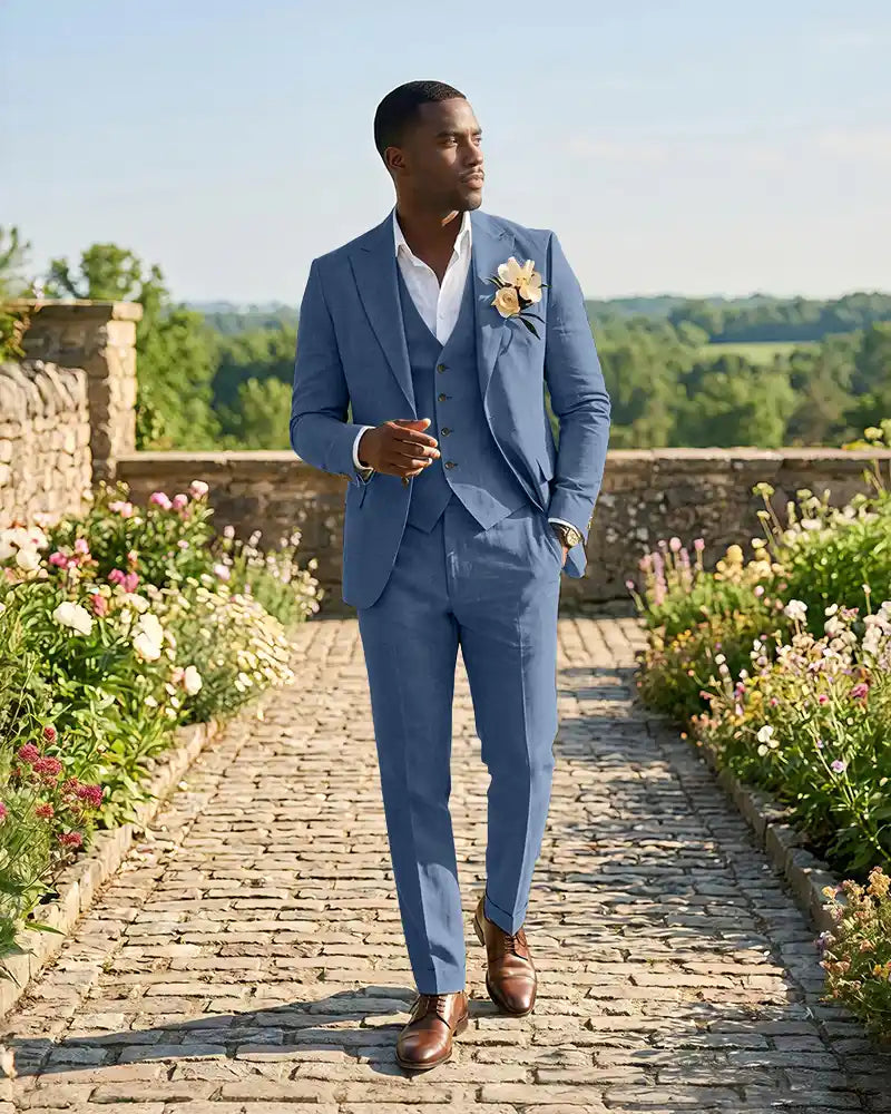 Slim Fit Notch Lapel Linen 3 Piece Versatile Suit Set