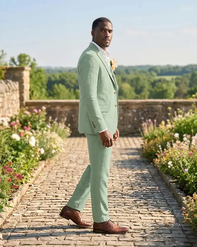 Slim Fit Notch Lapel Linen 3 Piece Versatile Suit Set-Dusty Sage-2