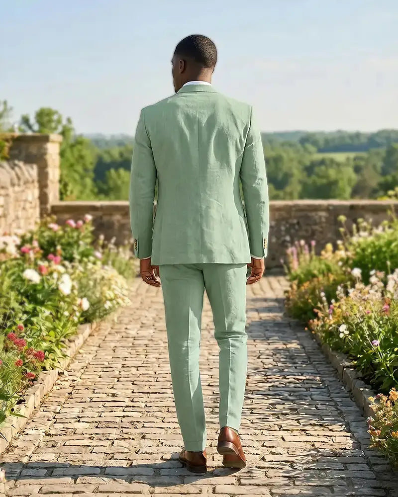 Slim Fit Notch Lapel Linen 3 Piece Versatile Suit Set-Dusty Sage-3