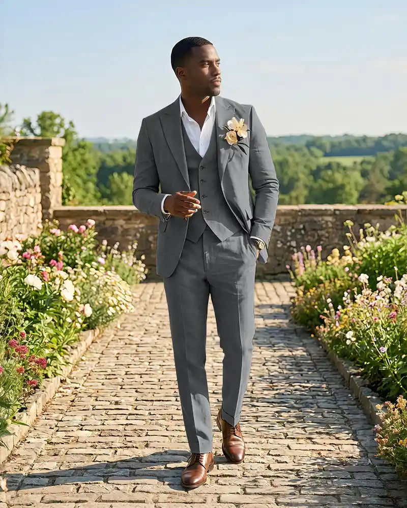 Slim Fit Notch Lapel Linen 3 Piece Versatile Suit Set