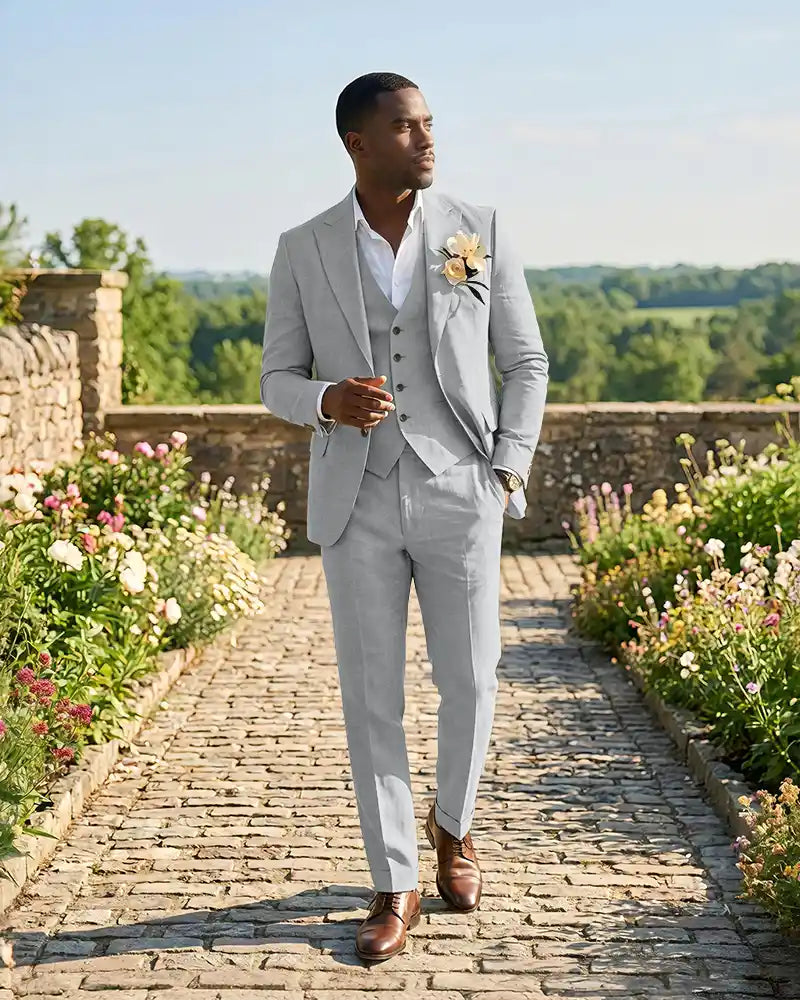 Slim Fit Notch Lapel Linen 3 Piece Versatile Suit Set