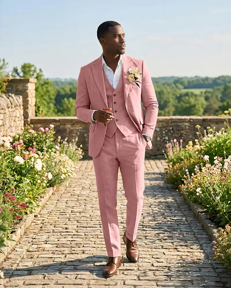Slim Fit Notch Lapel Linen 3 Piece Versatile Suit Set-Pink-1