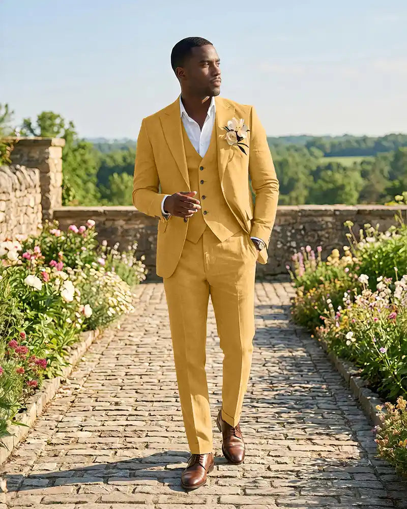 Slim Fit Notch Lapel Linen 3 Piece Versatile Suit Set-Yellow-1