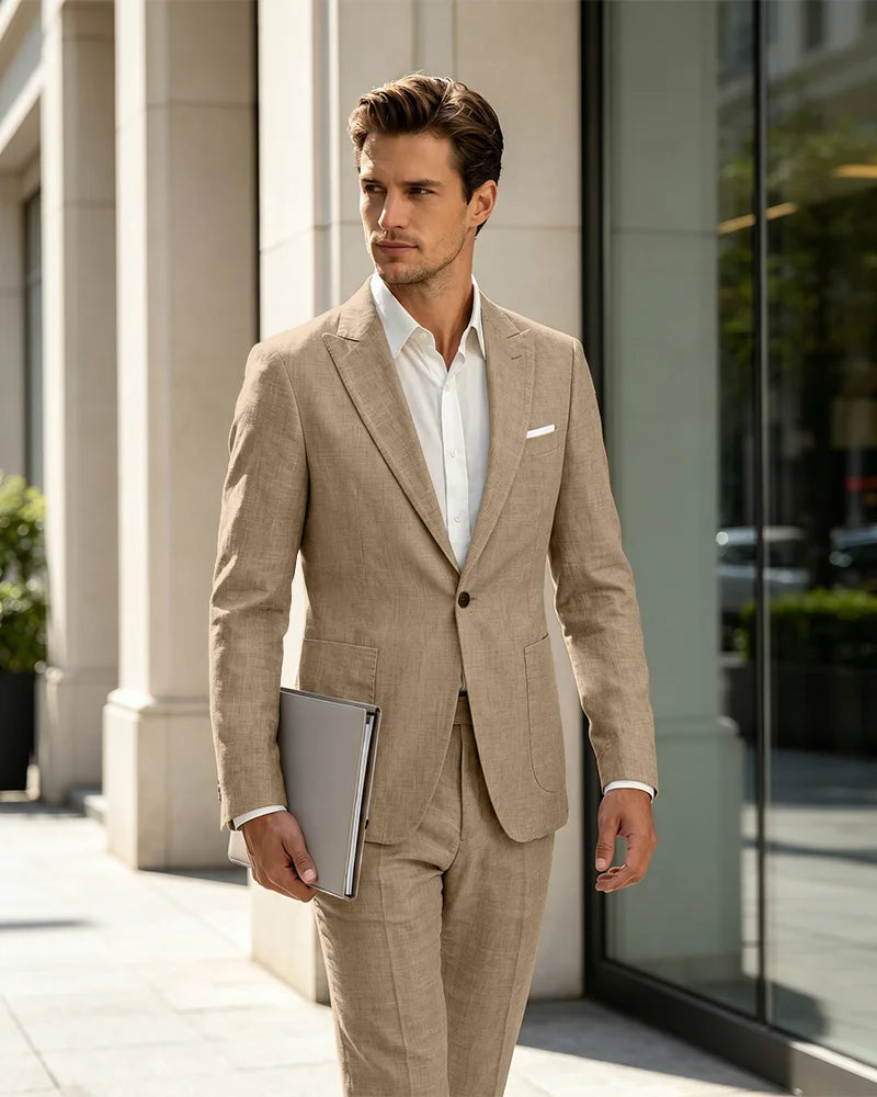 2 Piece Linen Slim Fit Summer Business Suit-Brown-1