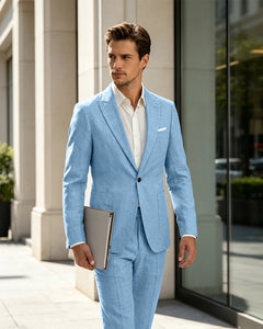 2 Piece Linen Slim Fit Summer Business Suit-Light Sky Blue-1