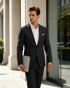 2 Piece Linen Slim Fit Summer Business Suit-black-1