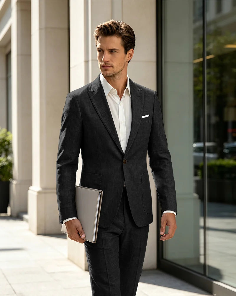 2 Piece Linen Slim Fit Summer Business Suit-black-1