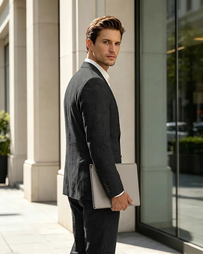 2 Piece Linen Slim Fit Summer Business Suit-black-2