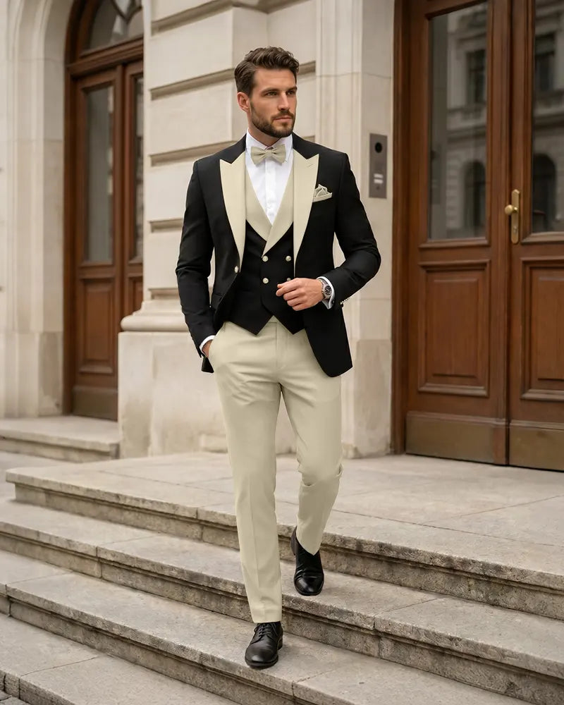 3 Piece Contrast Lapel Formal Tuxedo Suit Set