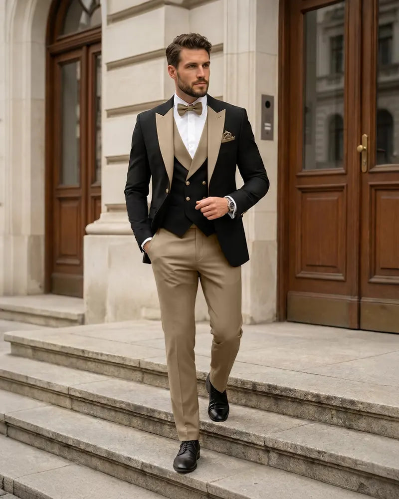 3 Piece Contrast Lapel Formal Tuxedo Suit Set-Brown-1