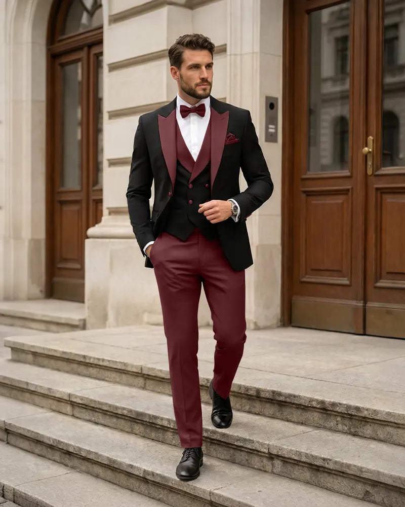 3 Piece Contrast Lapel Formal Tuxedo Suit Set