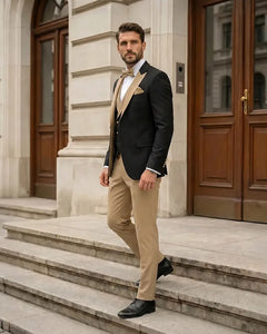 3 Piece Contrast Lapel Formal Tuxedo Suit Set-Champagne-2