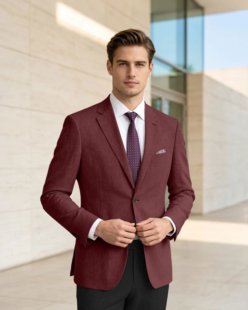 Slim Fit Notch Lapel Linen Timeless Blazer-Burgundy-1